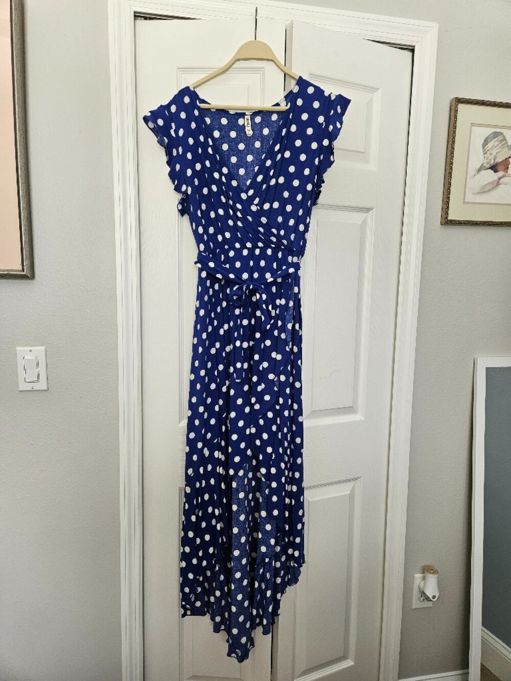 Blue and White Polka Dot V-Neck Dress with Waist Belt